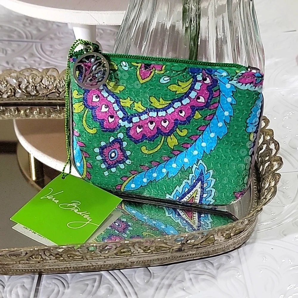 Vera Bradley Emerald Paisley Shimmer Zip Pouch Card Case - Picture 1 of 8